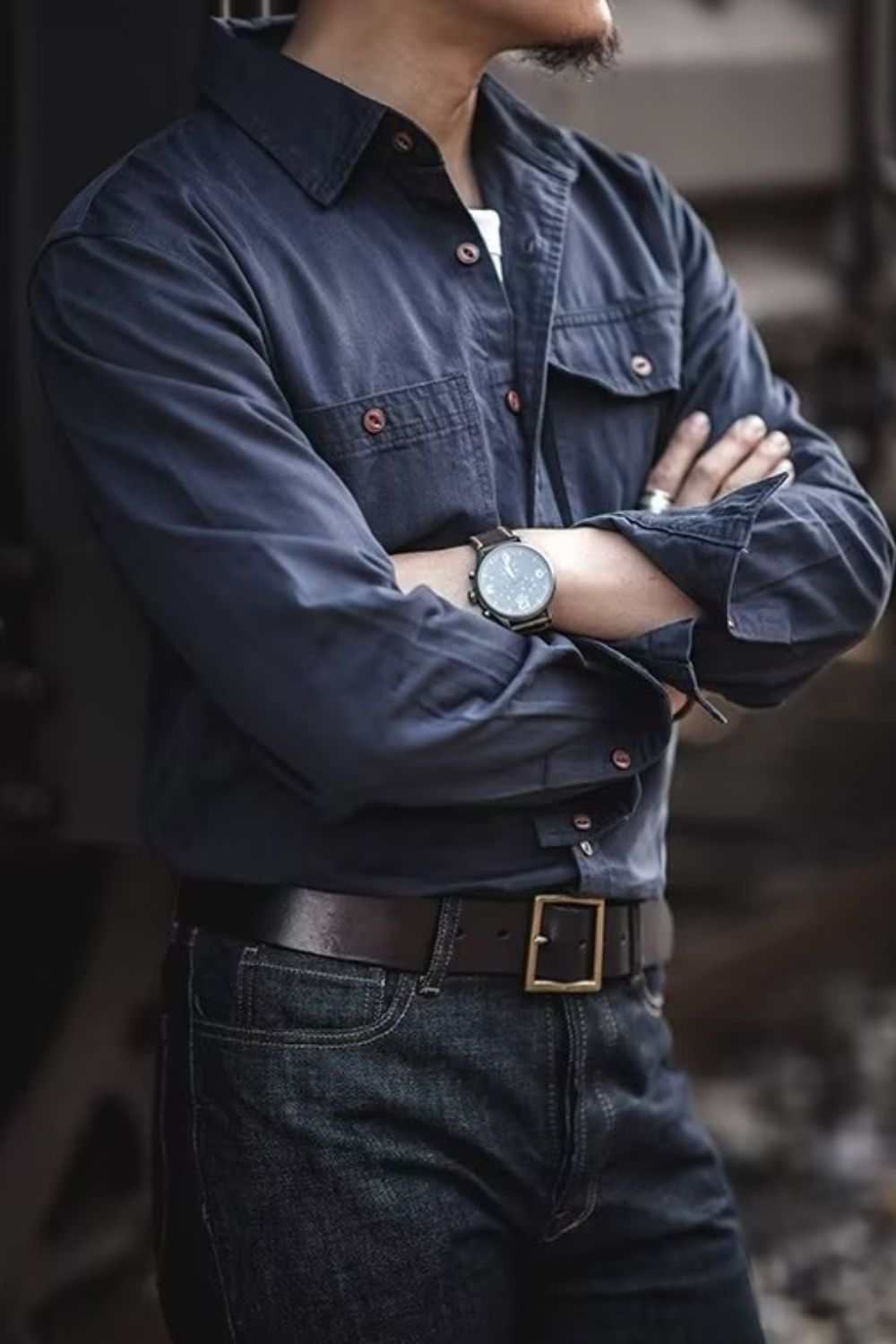 Men's button down long sleeve shirt with chest pockets, slightly stretchy cotton blend.