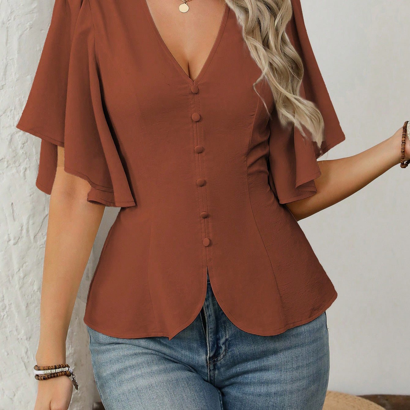 Womens Solid-Color Short-Sleeve V-Neck Single-Breasted Waist-Cinching Top