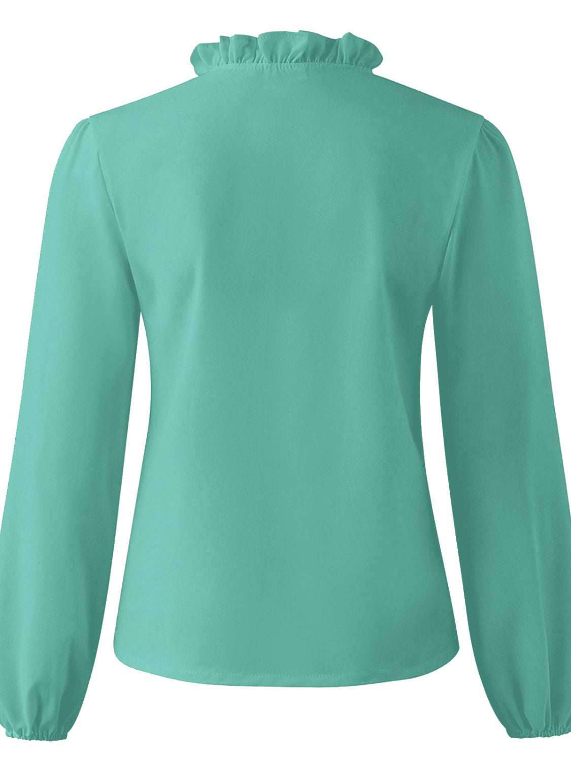 Ruffled V-neck long sleeve blouse in turquoise made of 100% polyester.