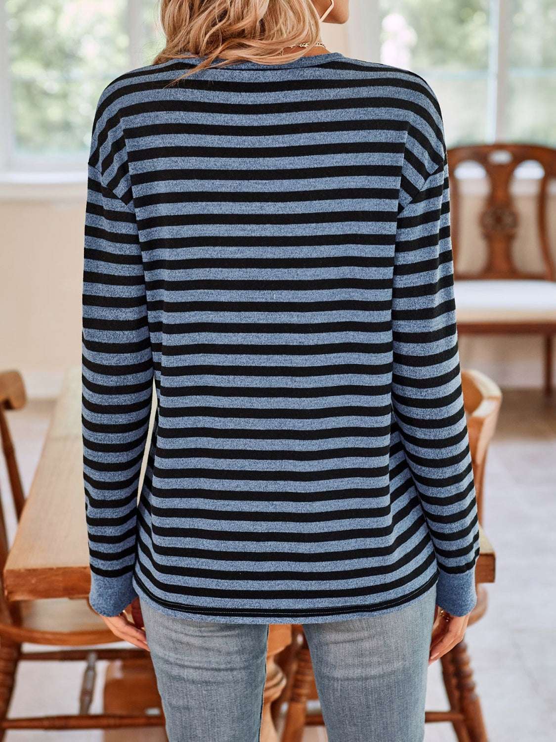 Lovelet striped round neck long sleeve t-shirt in blue and black.