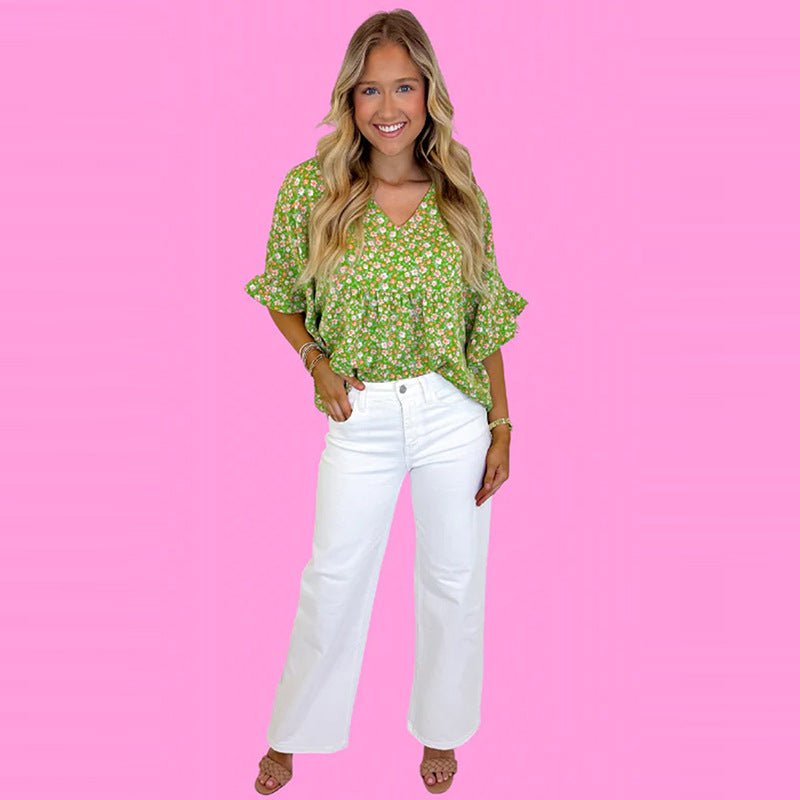 Early Spring New Floral Printed V-neck Pullover Women Loose Lotus Leaf