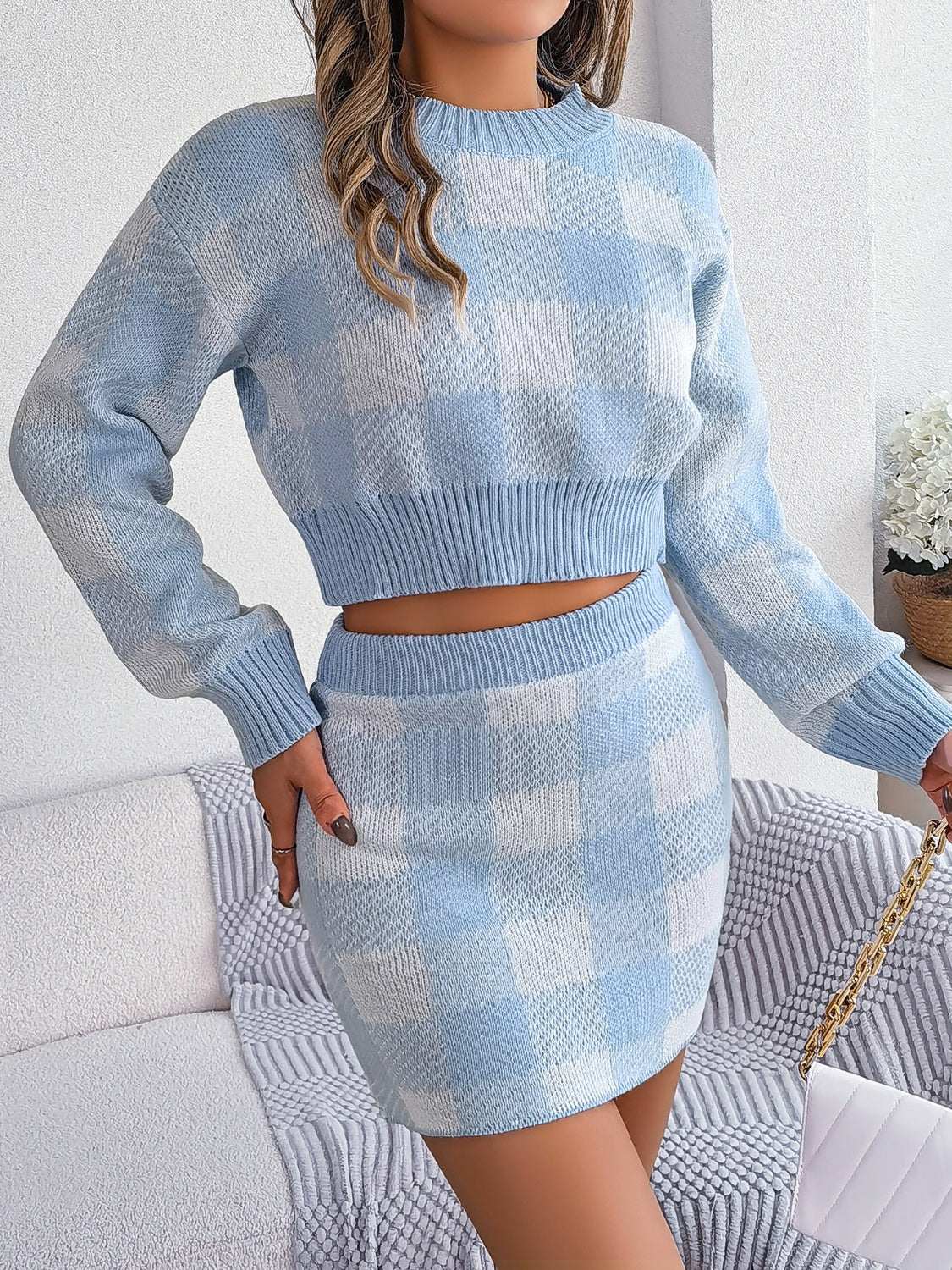 Plaid Round Neck Top and Skirt Sweater Set Light Blue