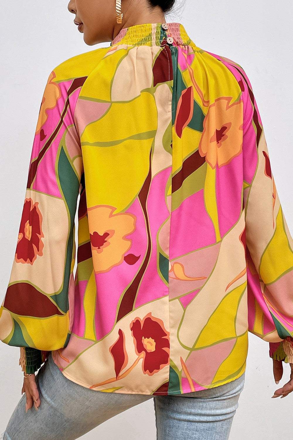 Floral Smocked Lantern Sleeve Mock Neck Blouse with vibrant pattern