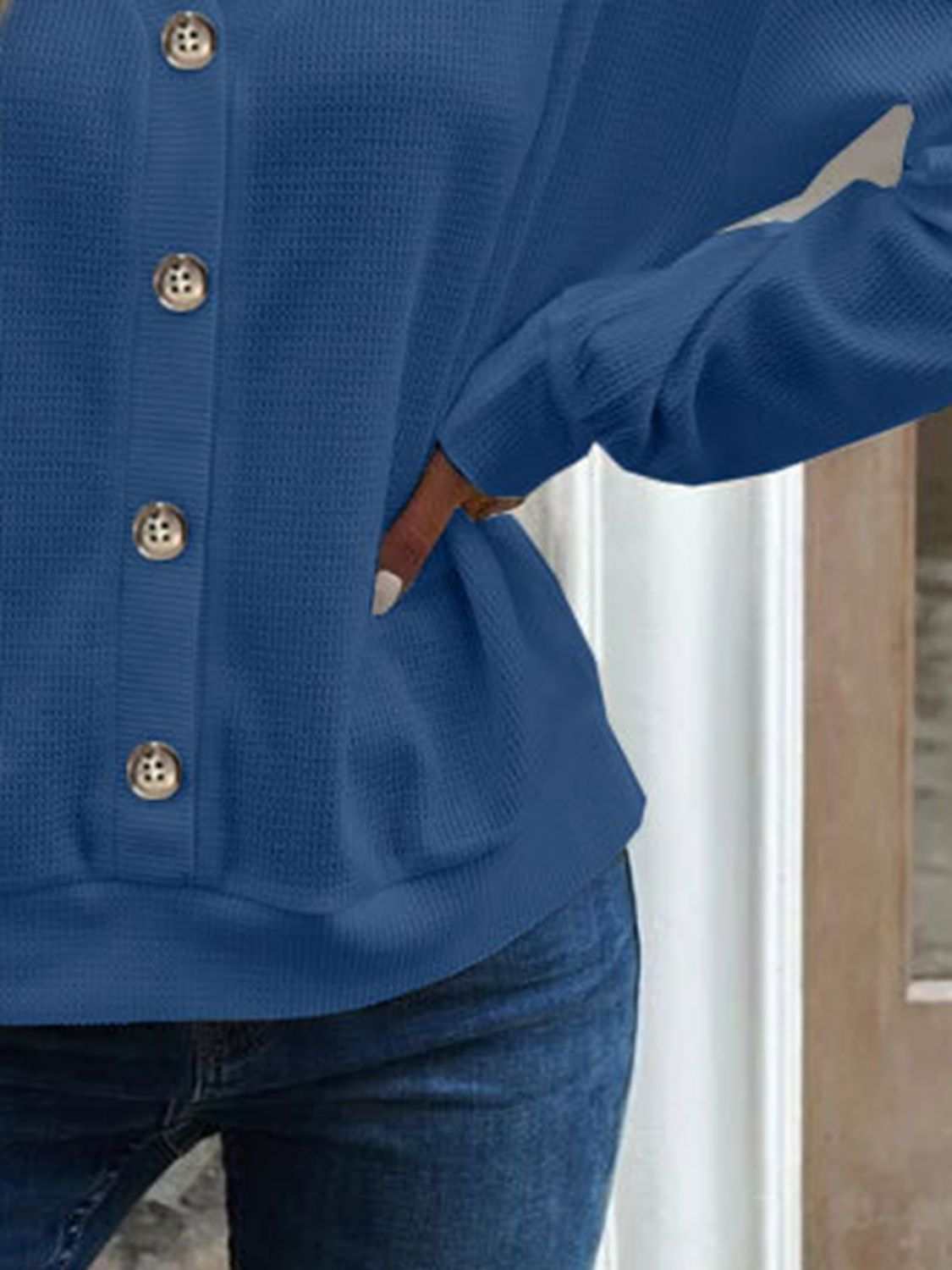 V-Neck Dropped Shoulder Blouse, solid waffle-knit, long sleeves, casual style.