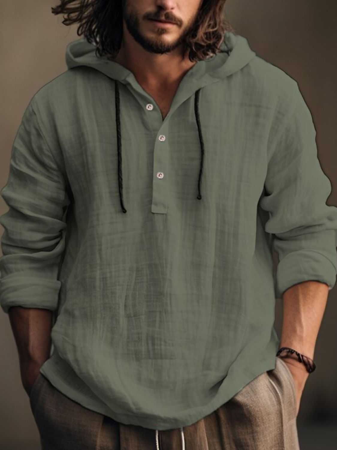 Men's full size half button long sleeve hoodie in green cotton fabric.