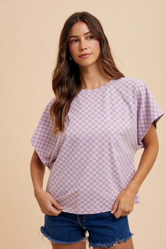 Annie Wear Checkered Round Neck Short Sleeve T-Shirt, casual chic design with a trendy checkered pattern, ideal for everyday wear.