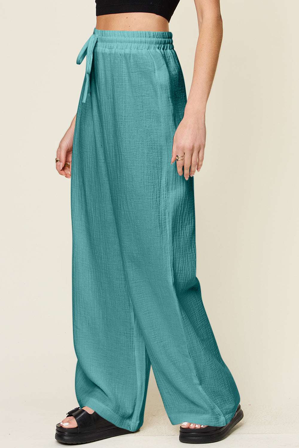 Double Take full-size teal wide leg pants with drawstring, 100% cotton.