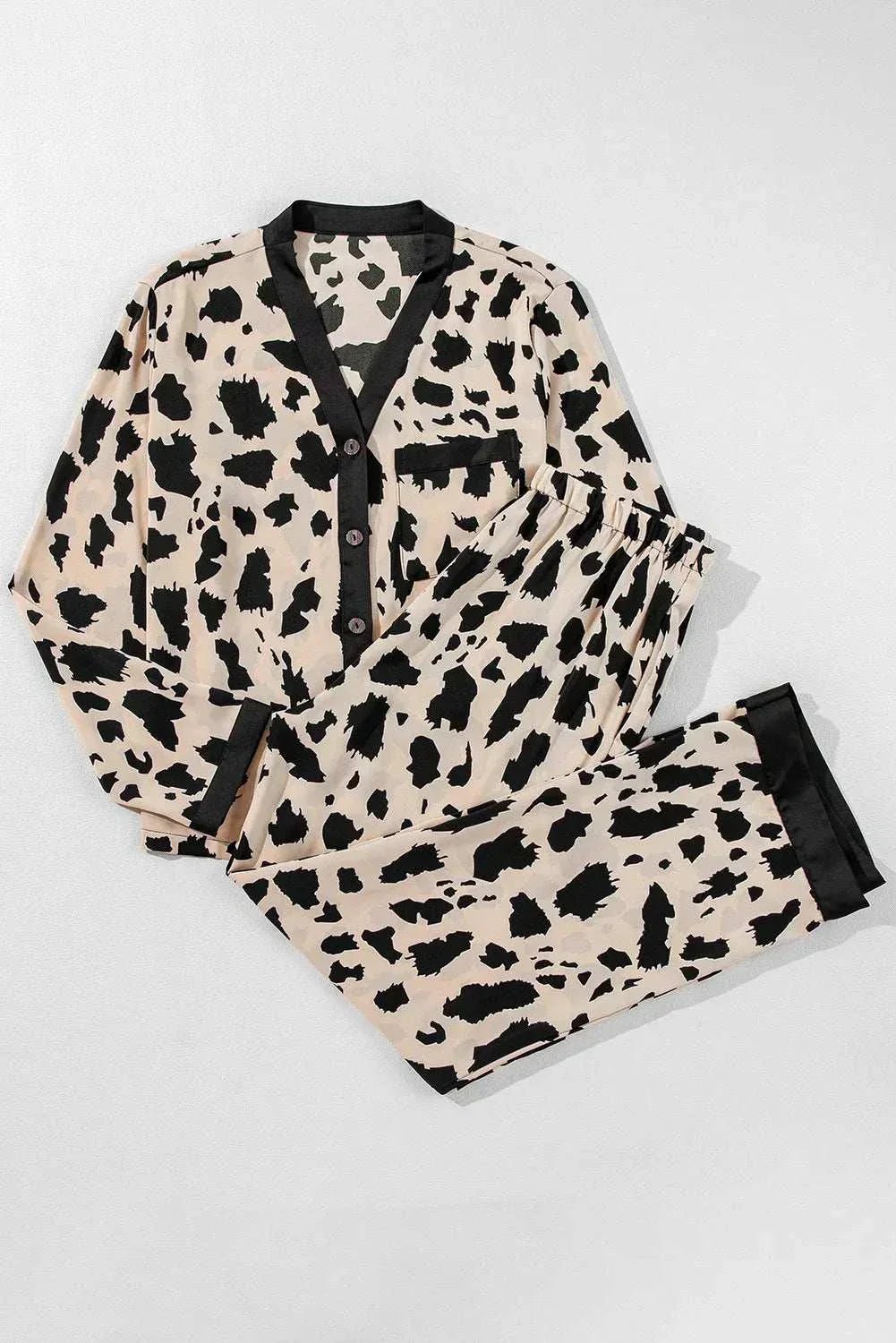 Leopard print button-up long sleeve top and pants lounge set.