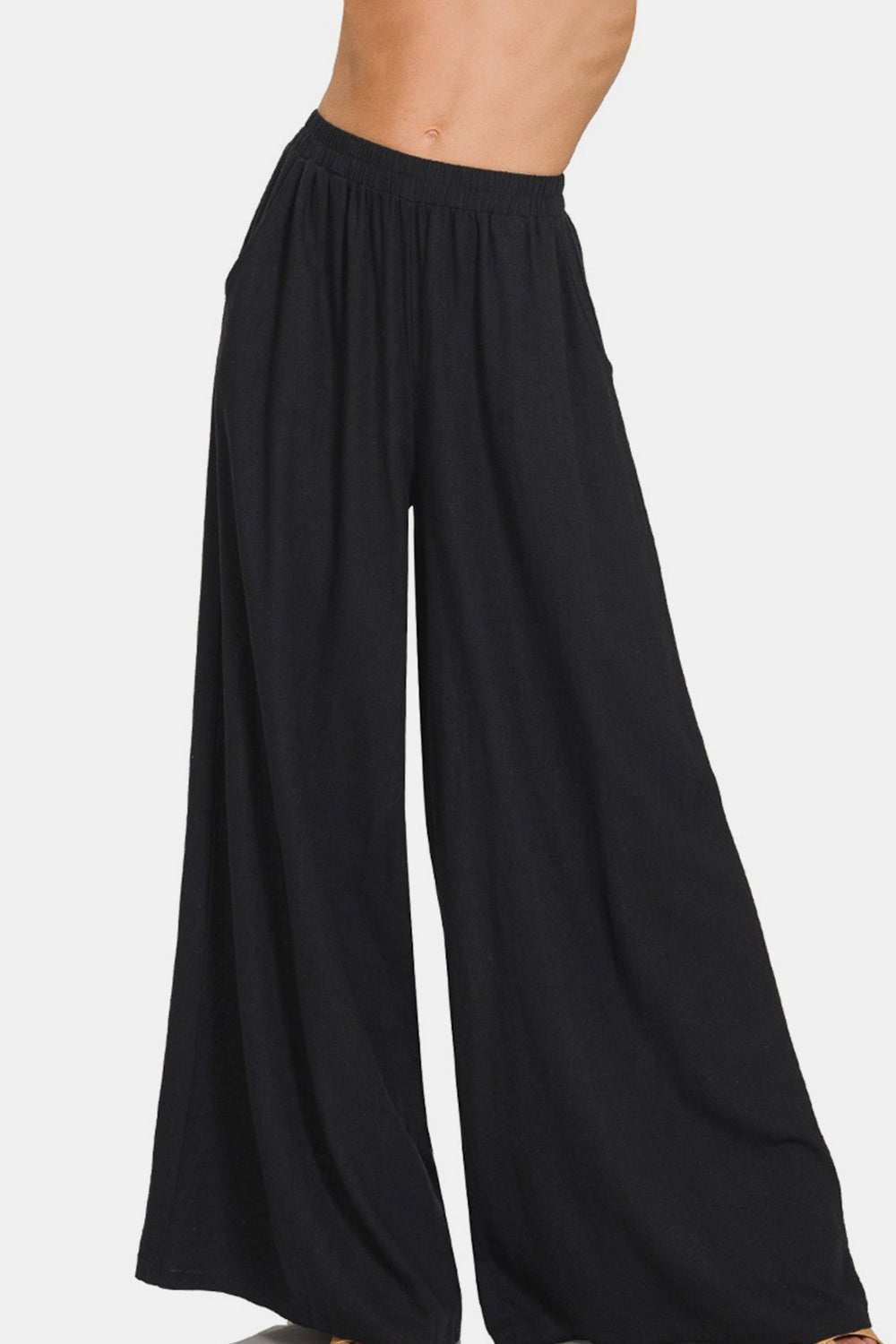 Pleated Linen Blend Wide Leg Pants in black, showcasing a chic, relaxed wide-leg silhouette.