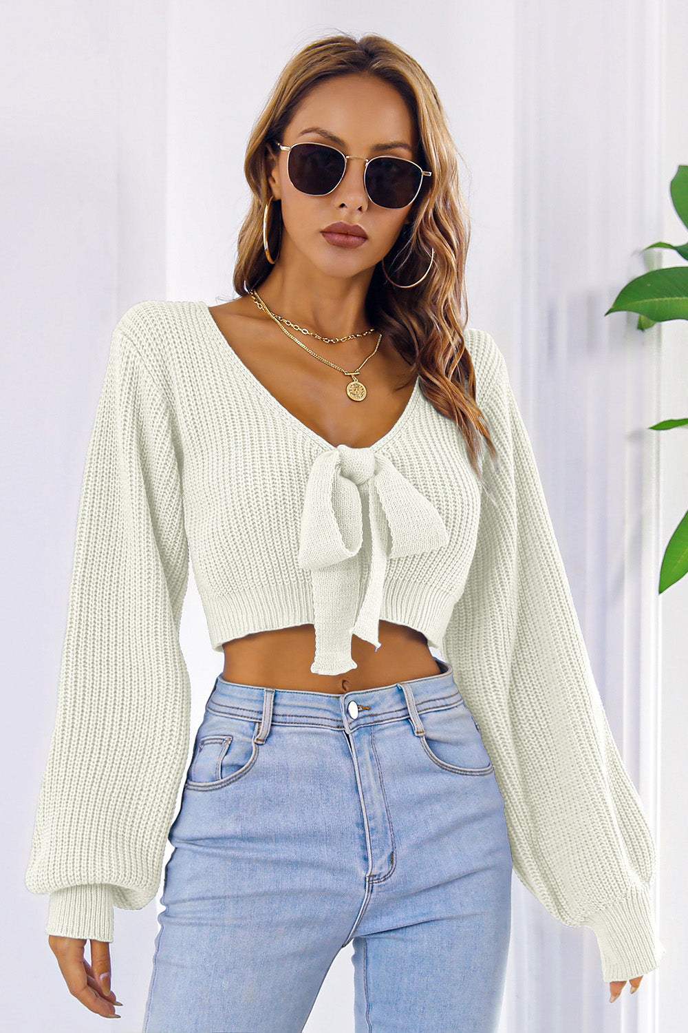 Bow V-Neck Long Sleeve Cropped Sweater with Tie Detail, Slightly Stretchy, 100% Acrylic