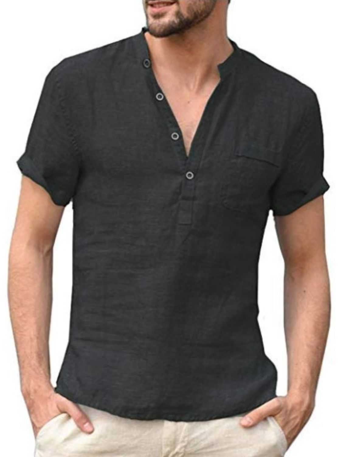 Men's full-size half button short sleeve polo in black, plus size.
