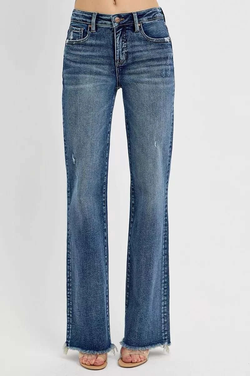 Plus size tummy control high rise long straight denim jeans with raw hem and slight distressing