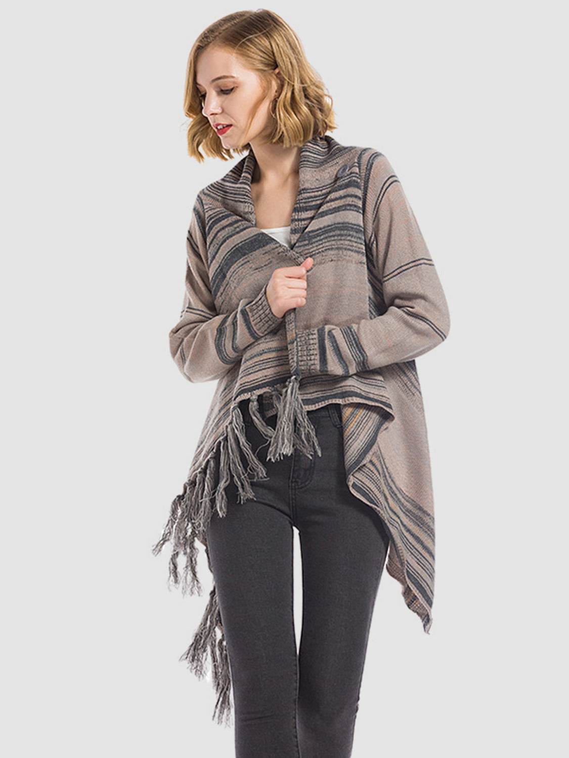 Woman wearing Angel Wings Tassel Striped open front long sleeve cardigan with tassels and subtle stripes.