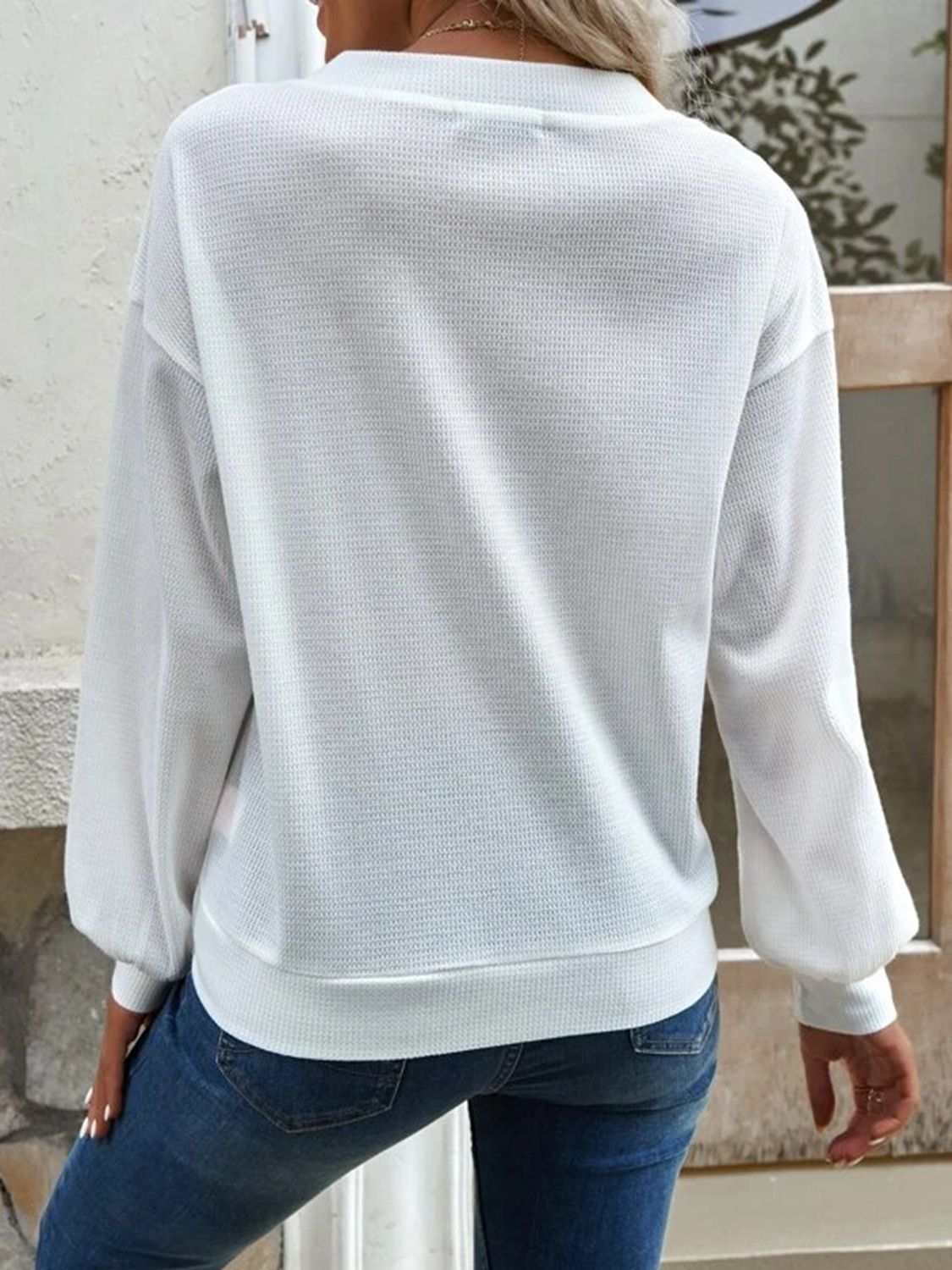 V-Neck Dropped Shoulder Blouse, waffle-knit texture, long sleeves, casual style.