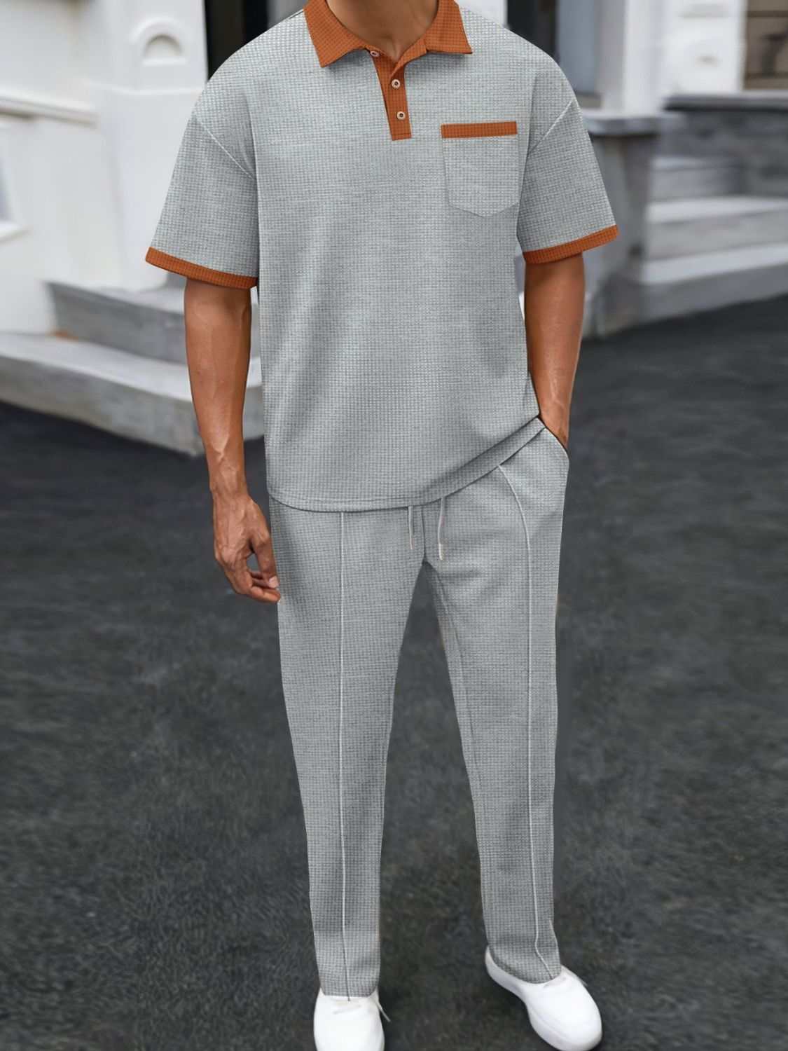 Men's waffle-knit contrast polo and pants set in light gray, plus size.