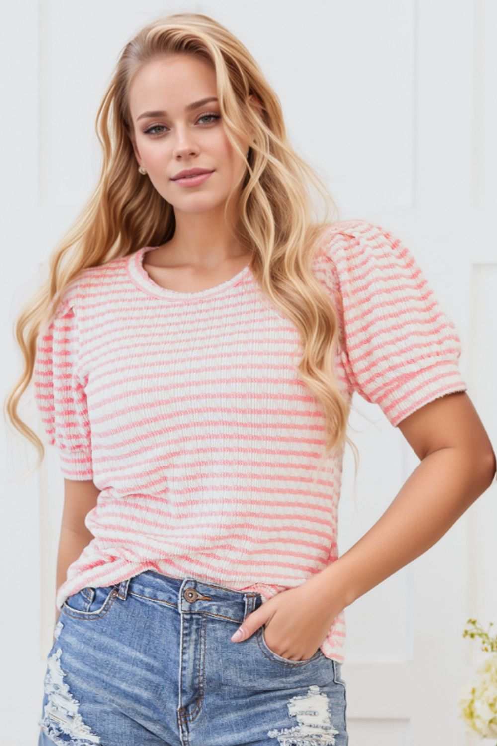 Stripe Textured Puff Sleeve Crewneck Top in pink and white, featuring slightly stretchy fabric, ideal for casual wear.