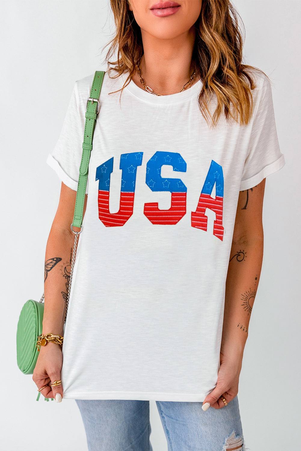 USA round neck short sleeve T-shirt with blue and red design, slightly stretchy material.