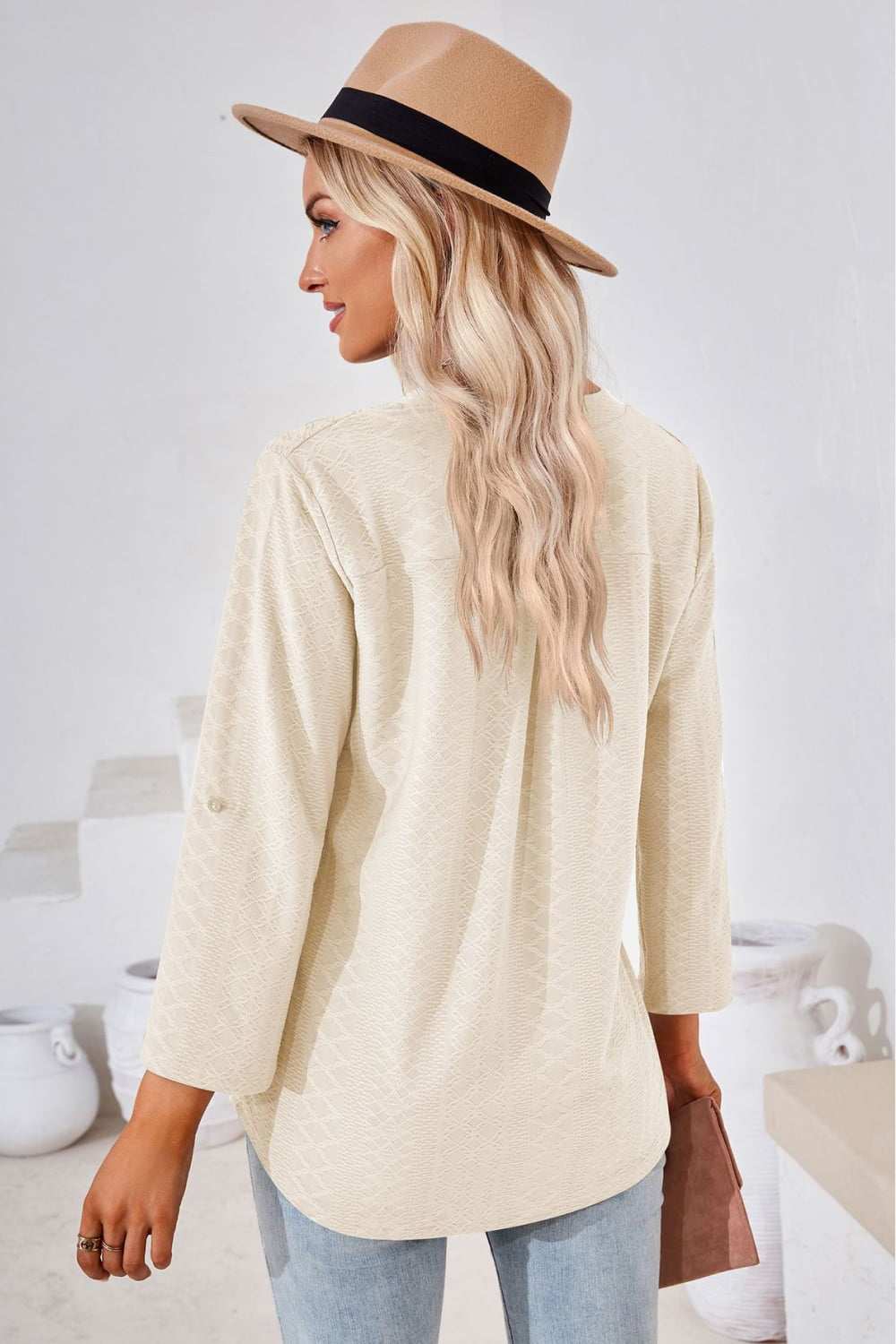 V-Neck Roll-Tap Sleeve Blouse