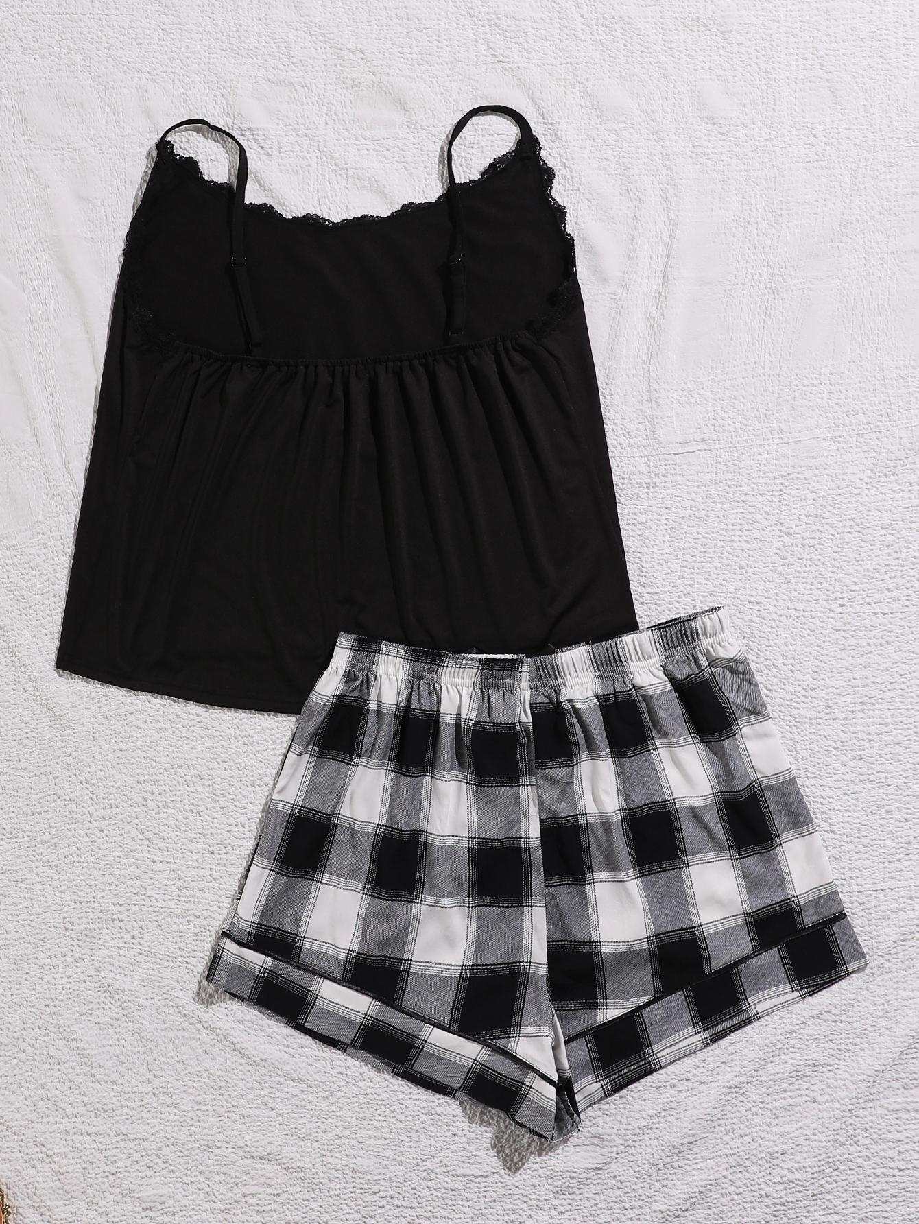 Plus size lace trim scoop neck cami with plaid shorts pajama set.