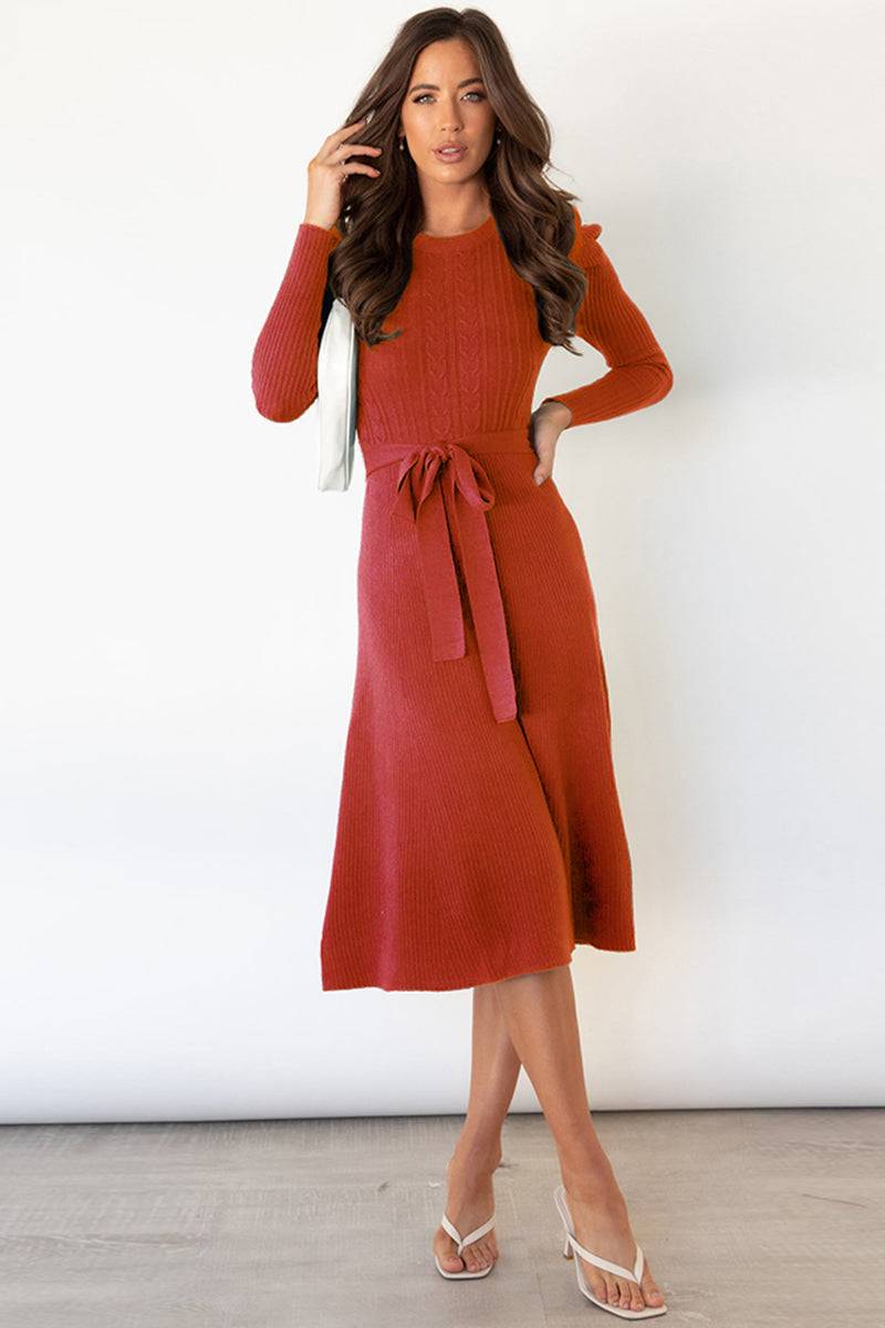 Round neck long sleeve tie waist sweater dress in chic red-orange.
