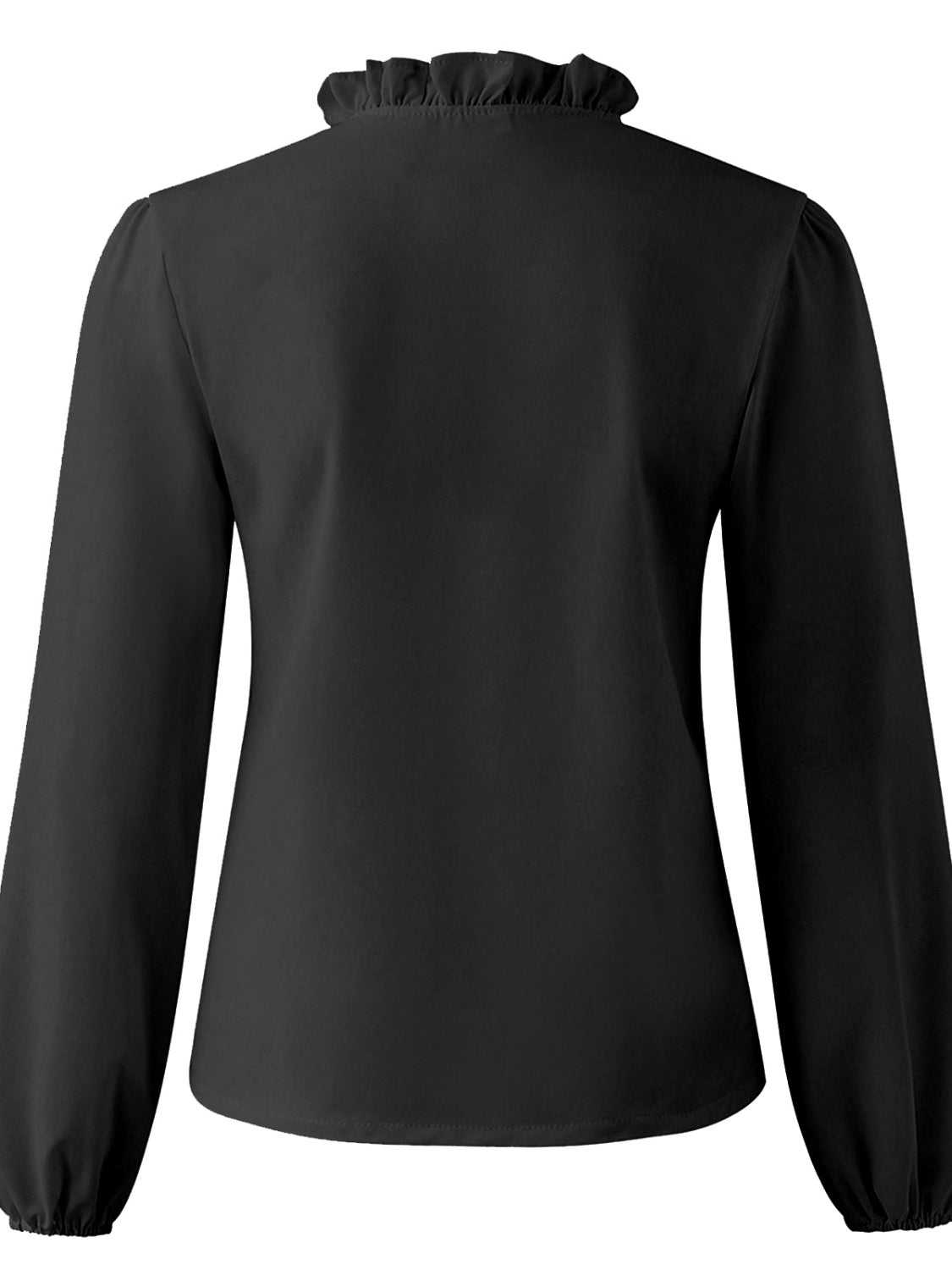 Full size black ruffled v-neck long sleeve blouse, 100% polyester.