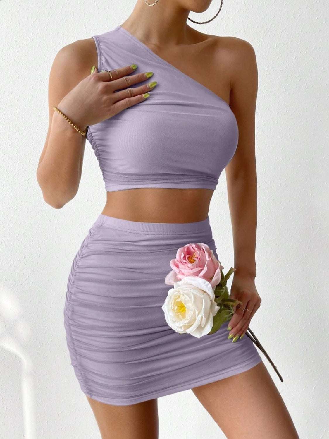 Ruched Single Shoulder Top and Skirt Set Lavender