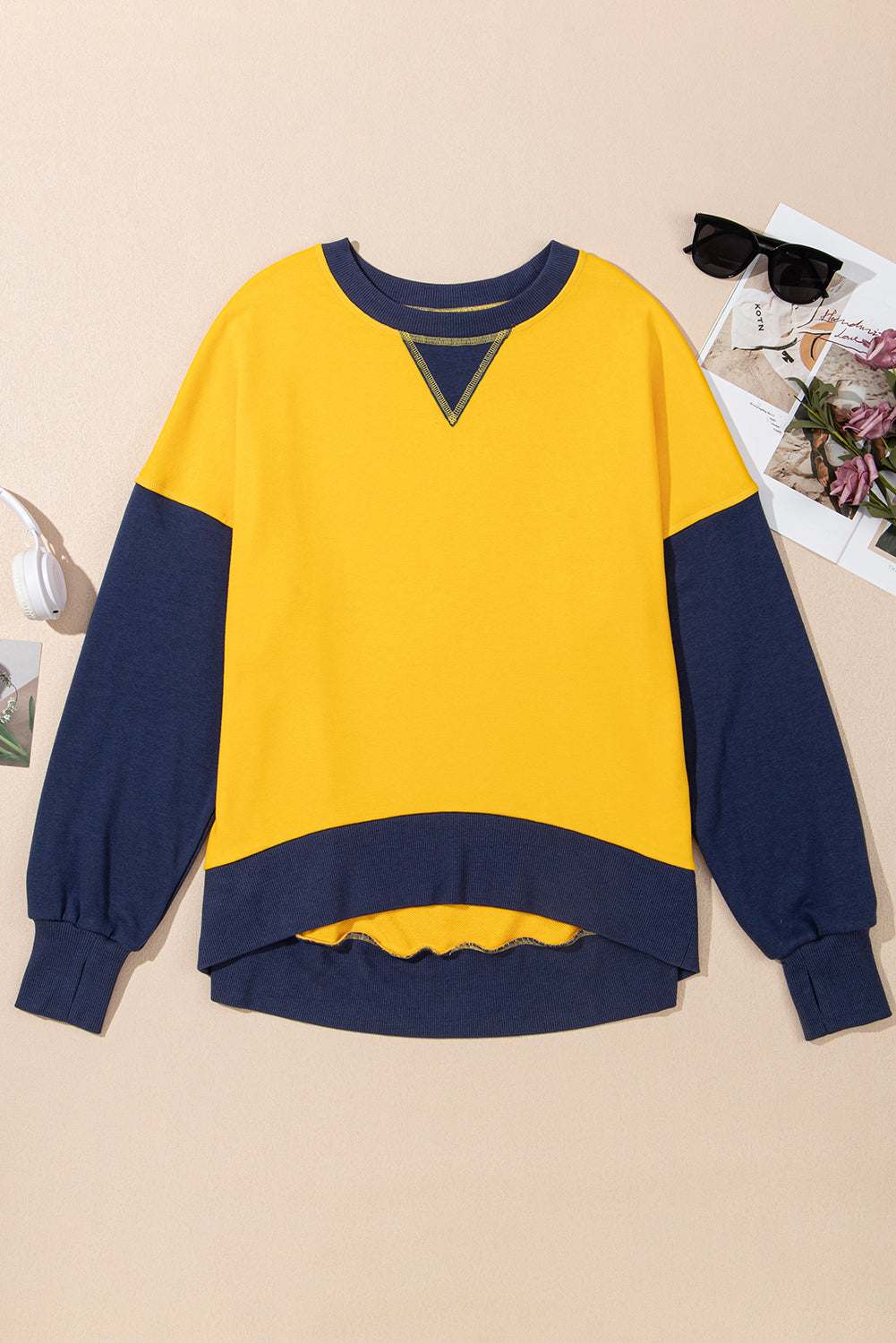 Contrast Round Neck Long Sleeve Sweatshirt in yellow and navy blue, featuring basic style and no stretch.