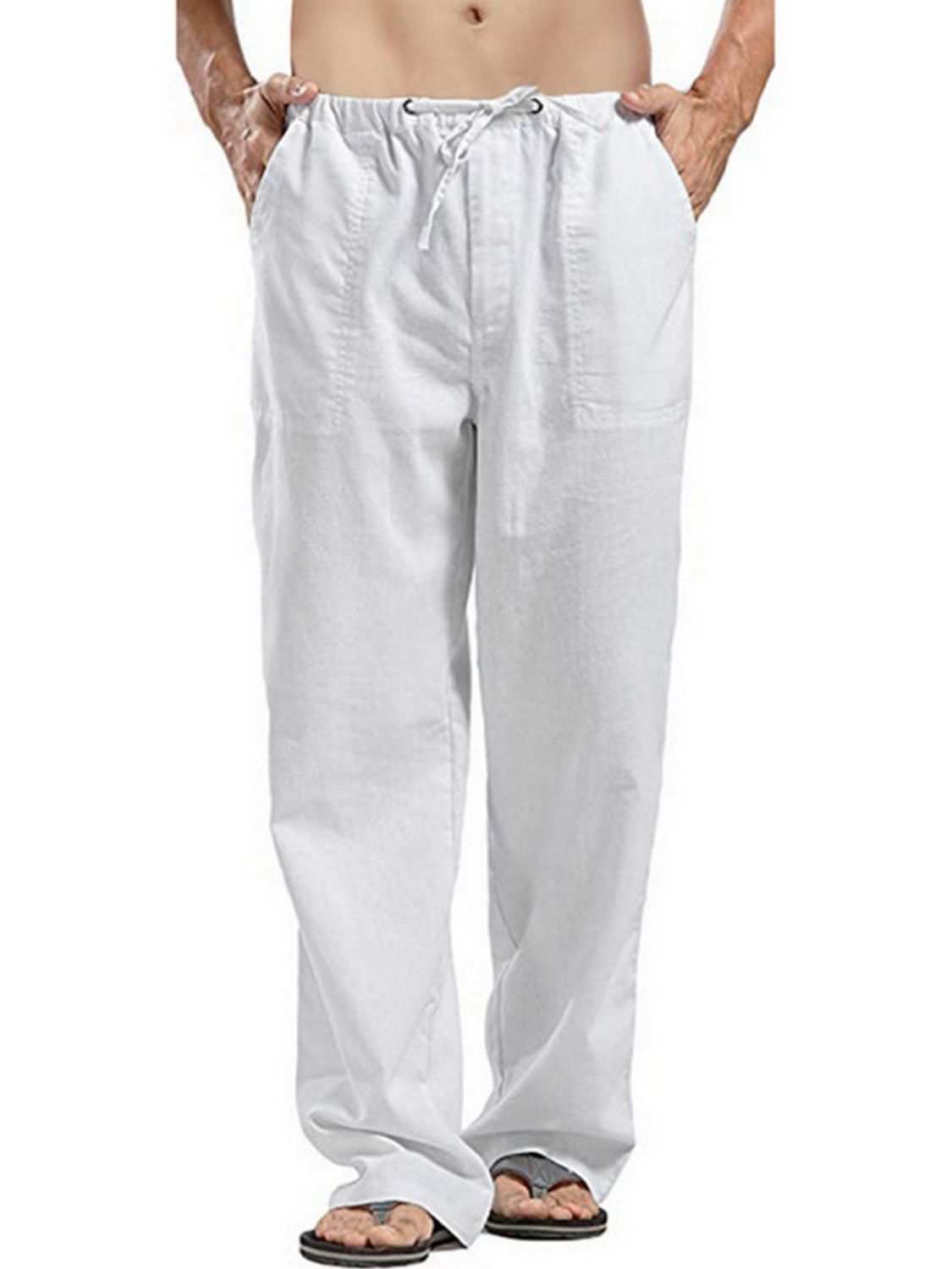 Men's full size drawstring straight leg pants in white, plus size, basic style.