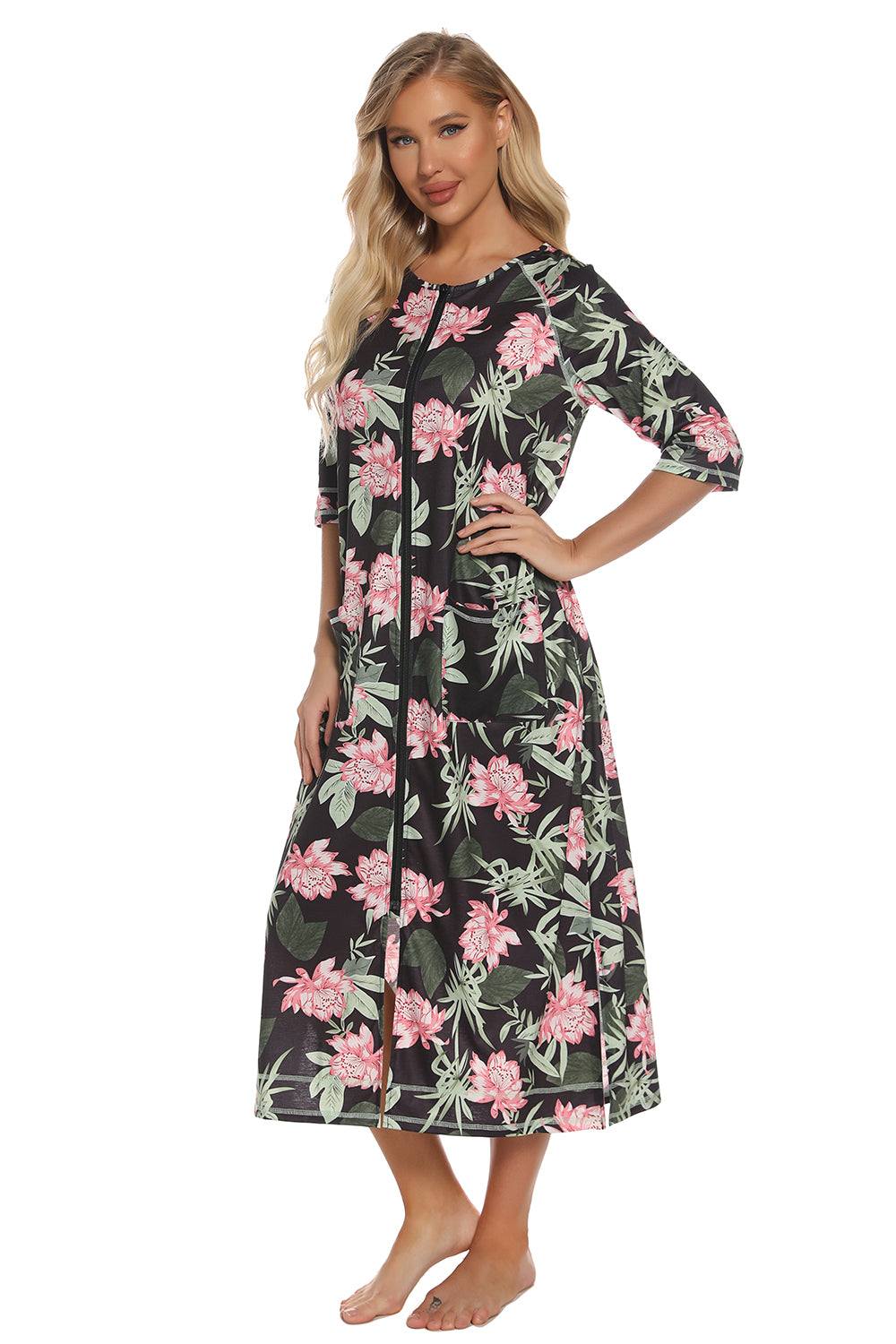 Printed slit night dress with pockets, floral pattern, cotton-polyester blend.