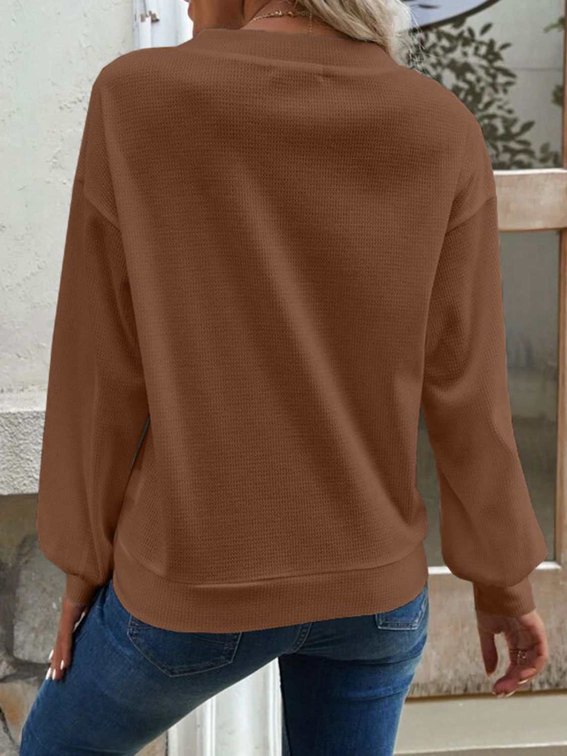 V-Neck Dropped Shoulder Blouse, solid waffle-knit, casual style with long regular sleeves, 100% polyester, in brown color.
