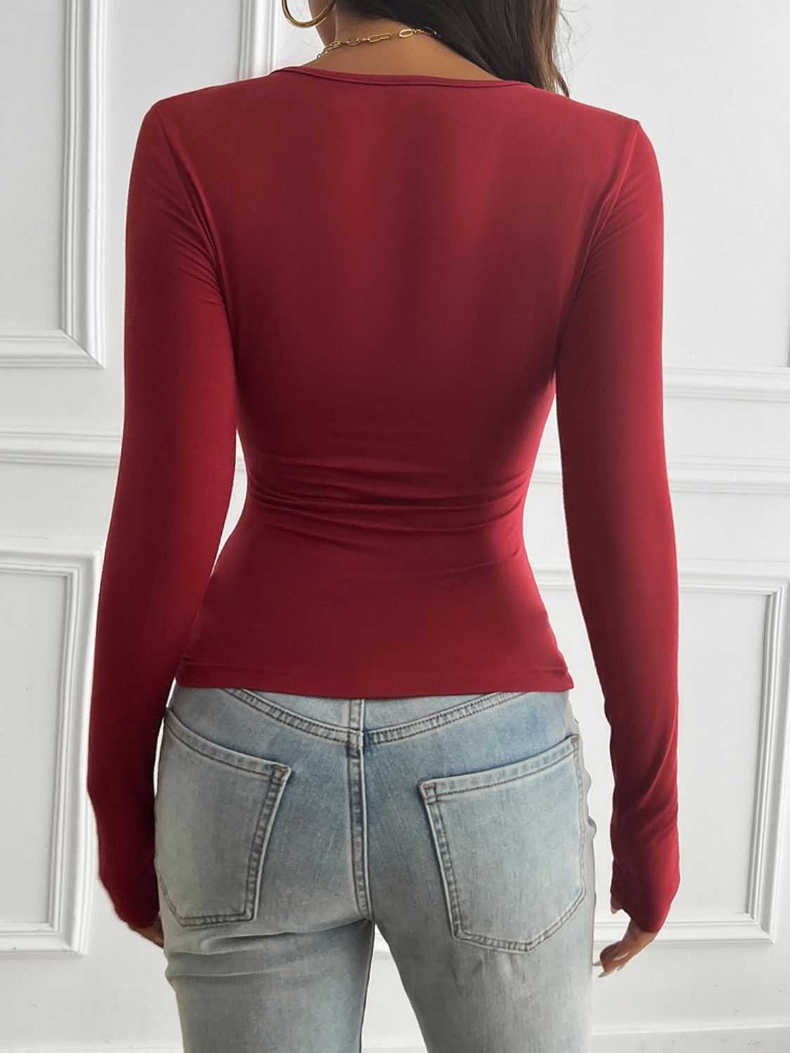 Devine round neck long sleeve red t-shirt, highly stretchy, semi-sheer, women's fashion.