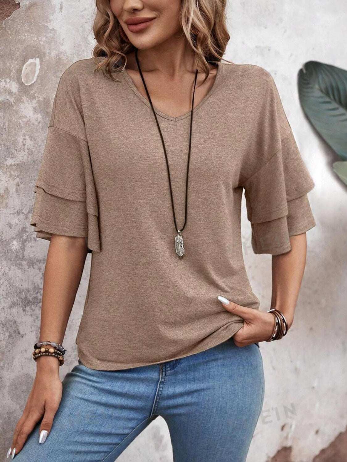V-Neck Half Sleeve Blouse in beige, slightly stretchy, polyester-rayon blend.