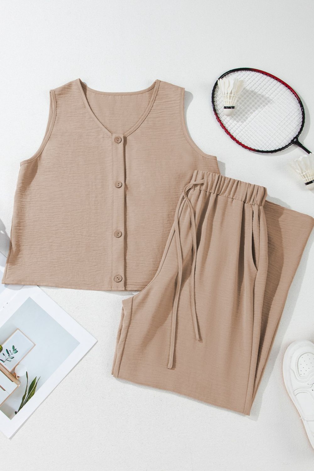 Button Down Vest and Drawstring Wide Leg Pants Set - Securing Secrets Boutique LLC