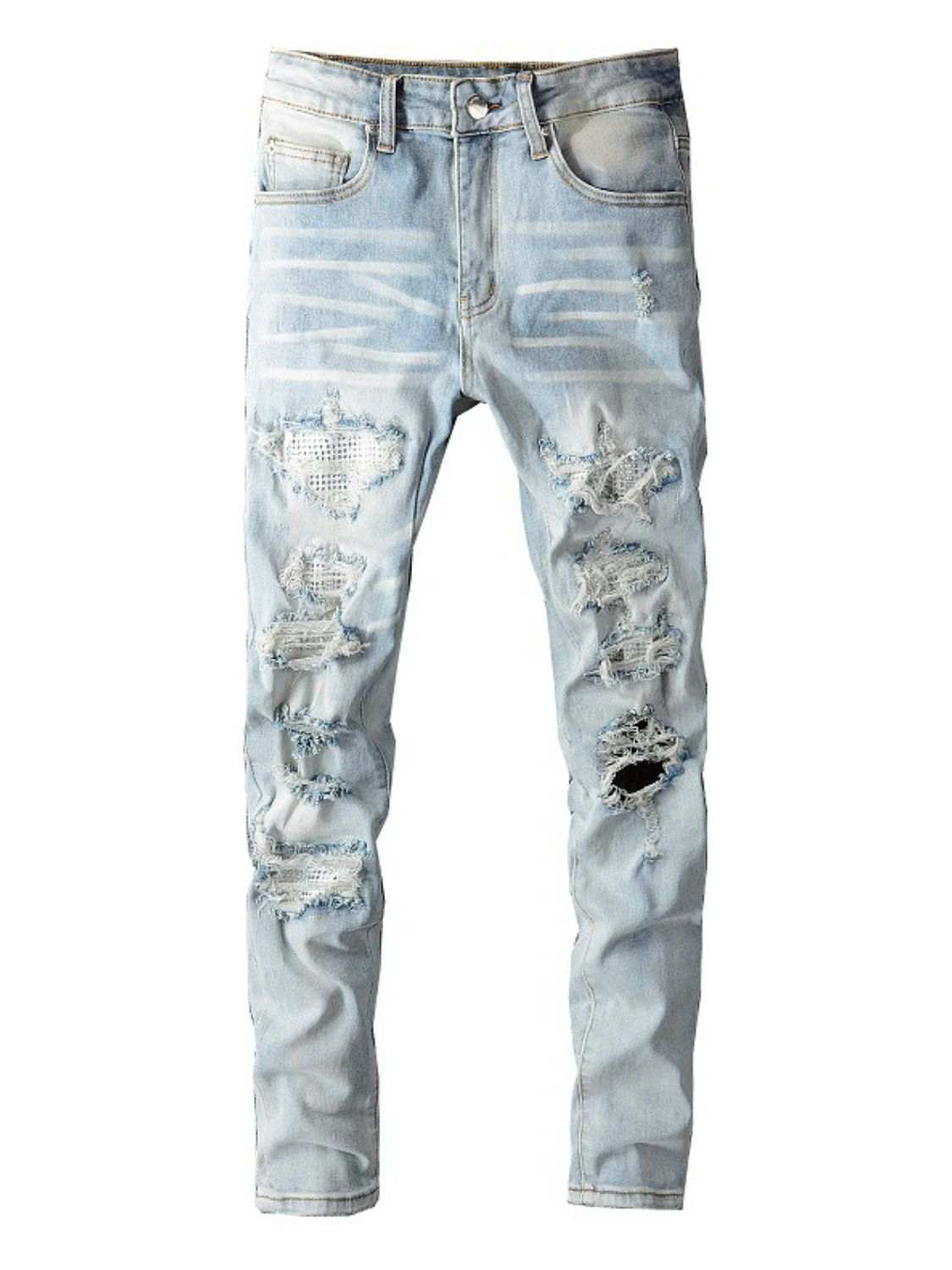 Men's distressed jeans with pockets, no stretch, cotton and polyester blend.