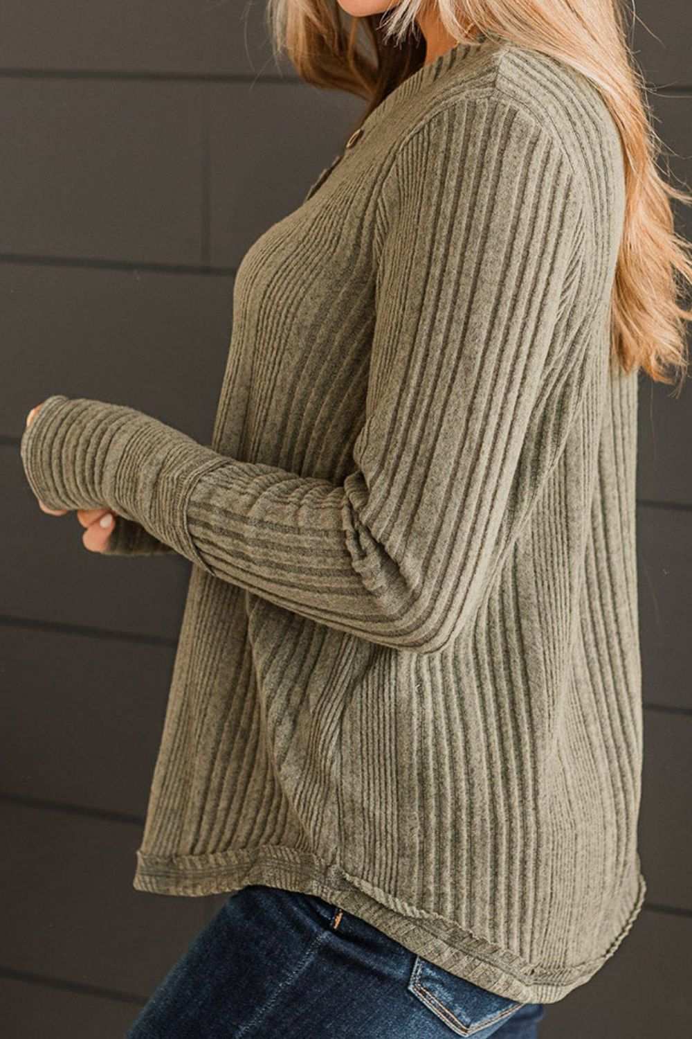 Ribbed buttoned long sleeve blouse in olive green, slightly stretchy, polyester blend.