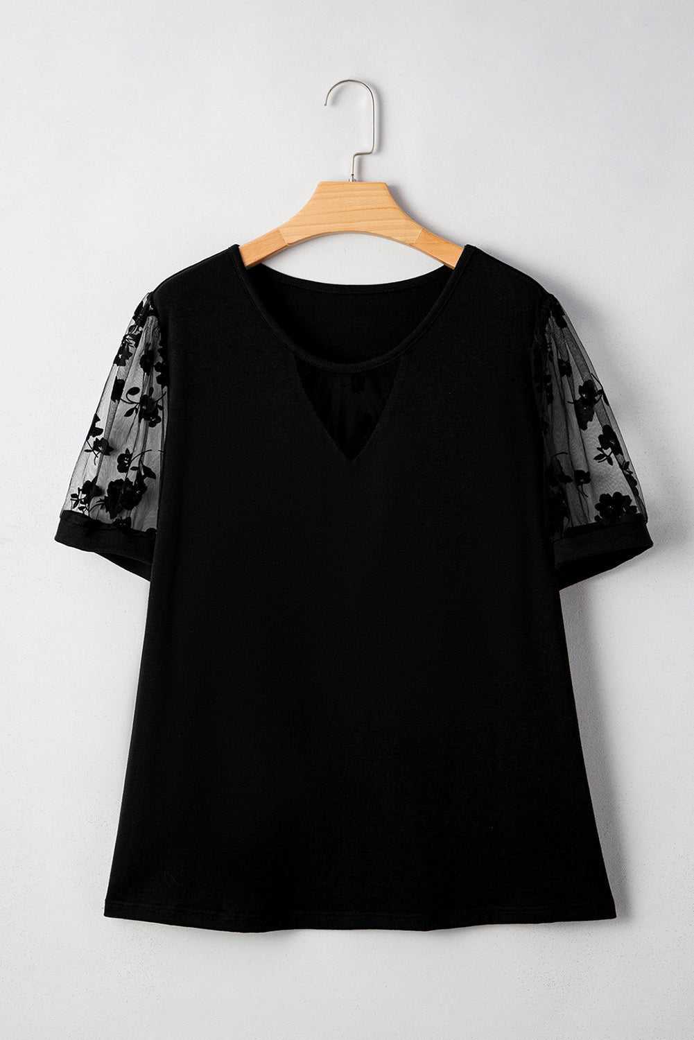 Black Floral Mesh Patchwork Loose V Neck Plus Size T Shirt