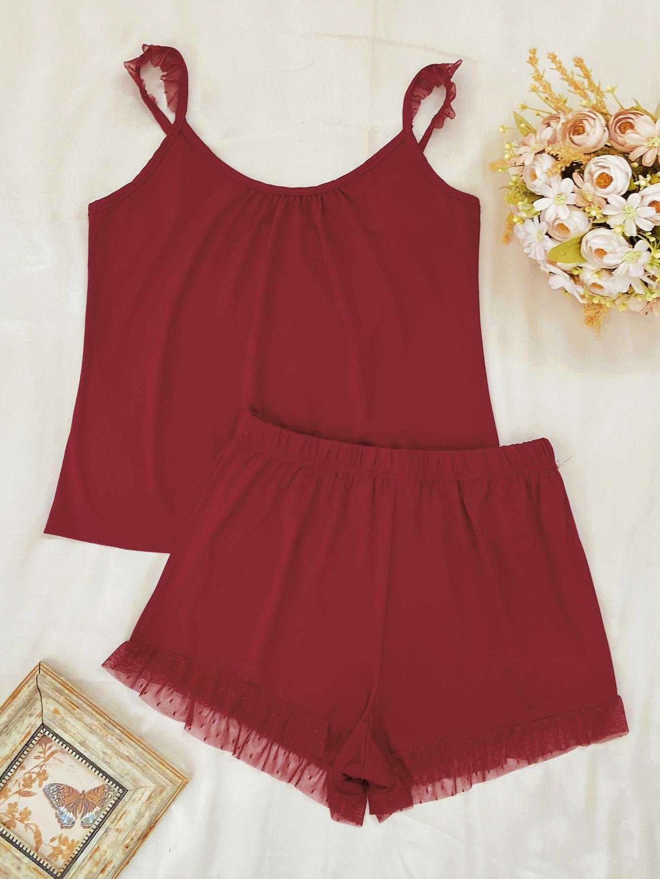 Gathered Detail Spliced Mesh Sleeveless Top and Shorts Lounge Set in solid color with lace features.