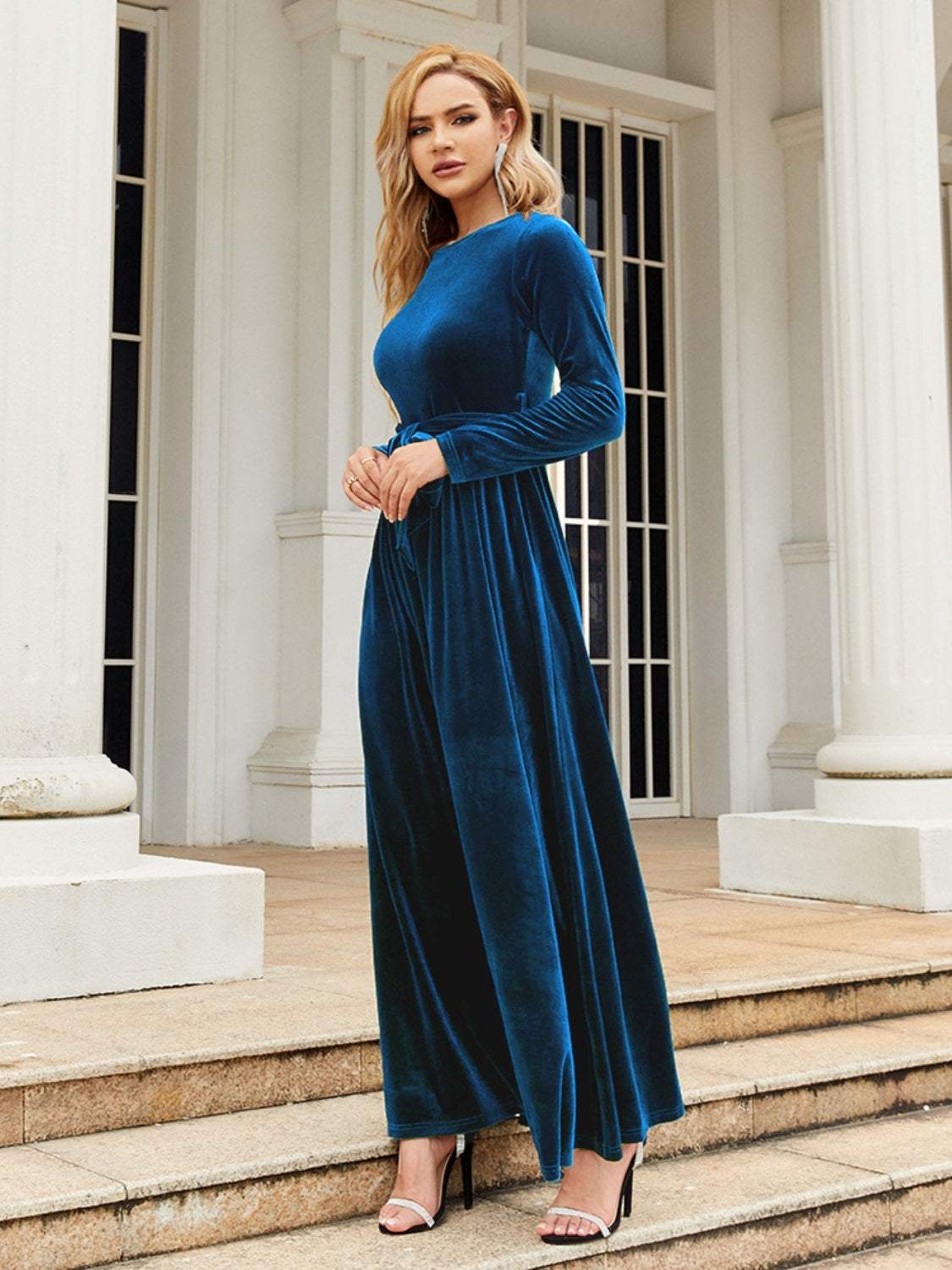 Tie Front Round Neck Long Sleeve Maxi Dress in blue, featuring a basic style with slightly stretchy, opaque polyester fabric.