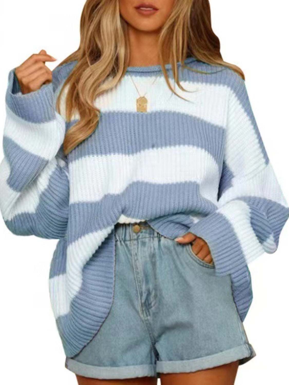 Round neck long sleeve sweater with blue and white stripes, slightly stretchy polyester material.