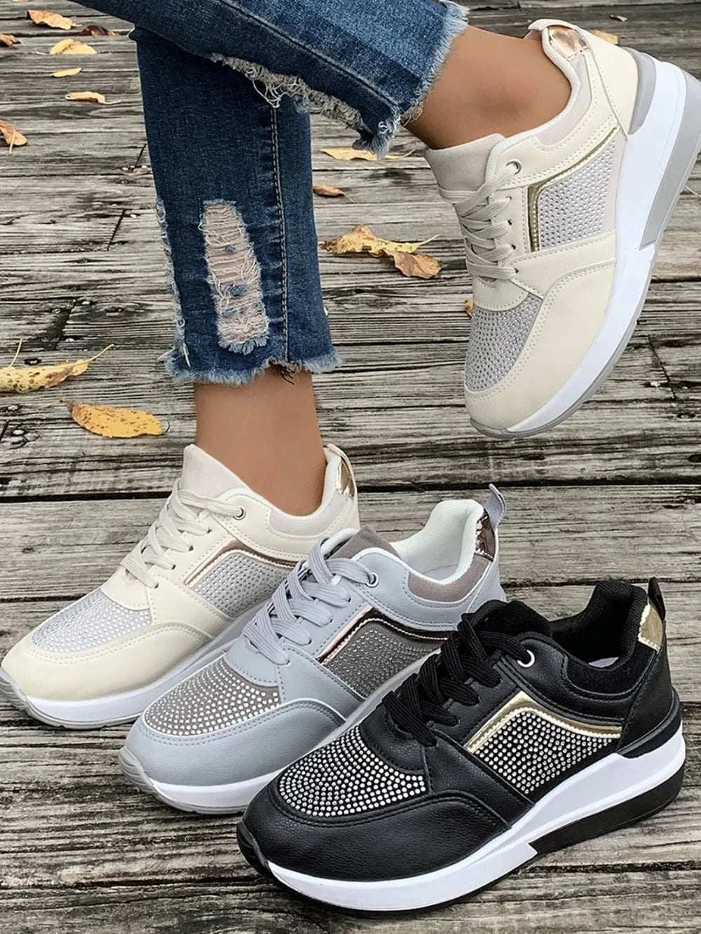 Lace-Up Rhinestone Wedge Sneakers with mid heels and PU leather design.