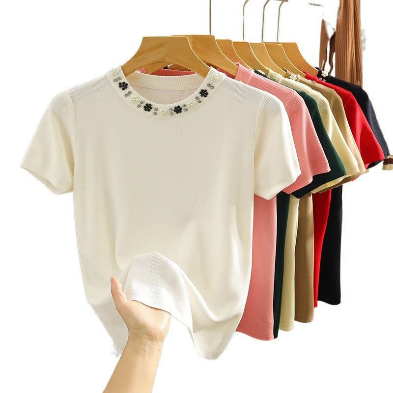 Round Neck Heavy Industry Ice Silk Short Sleeve T-shirt Female Spring And Summer Elegant Knitwear