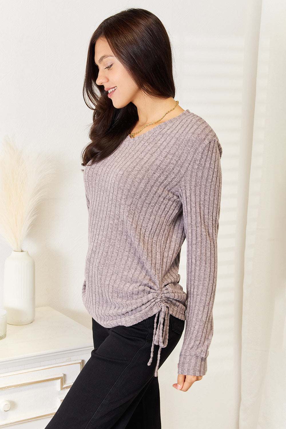 Women's drawstring ribbed long sleeve t-shirt in light gray, featuring a stylish side tie detail.