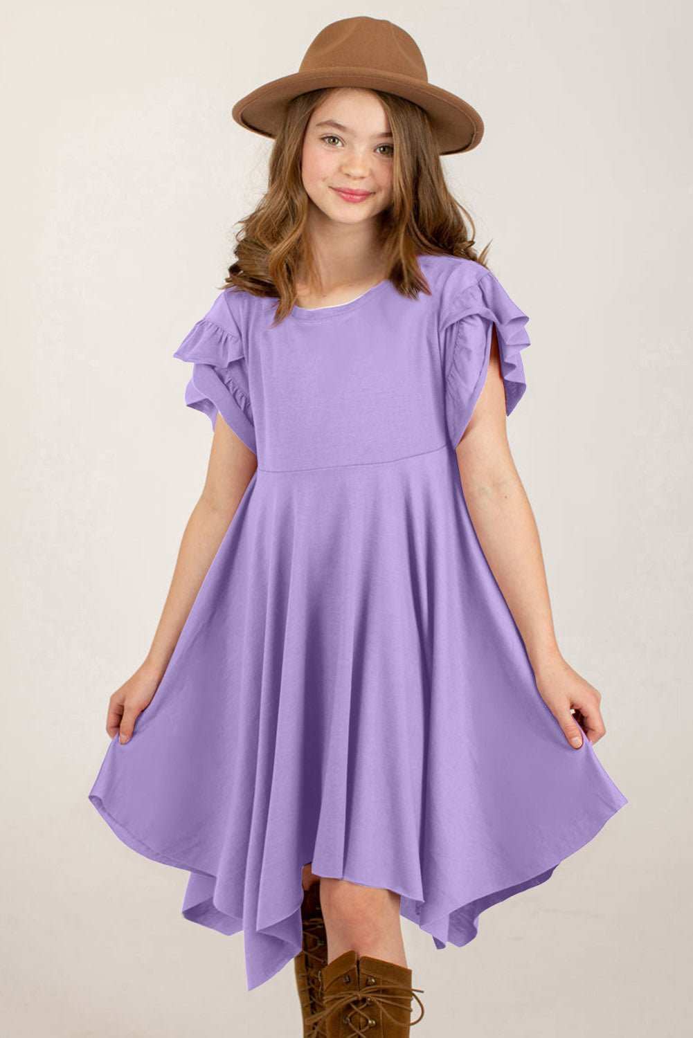 Round neck petal sleeve dress in lavender with ruffle details.