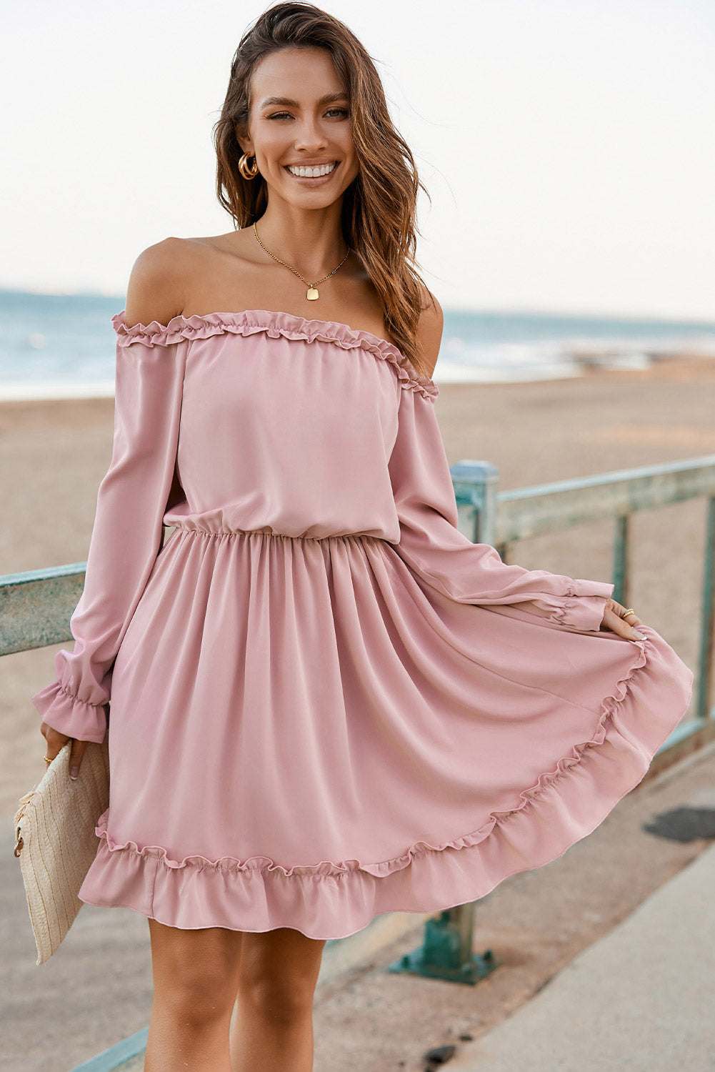 Frill off-shoulder flounce sleeve dress in pink with ruffle details.