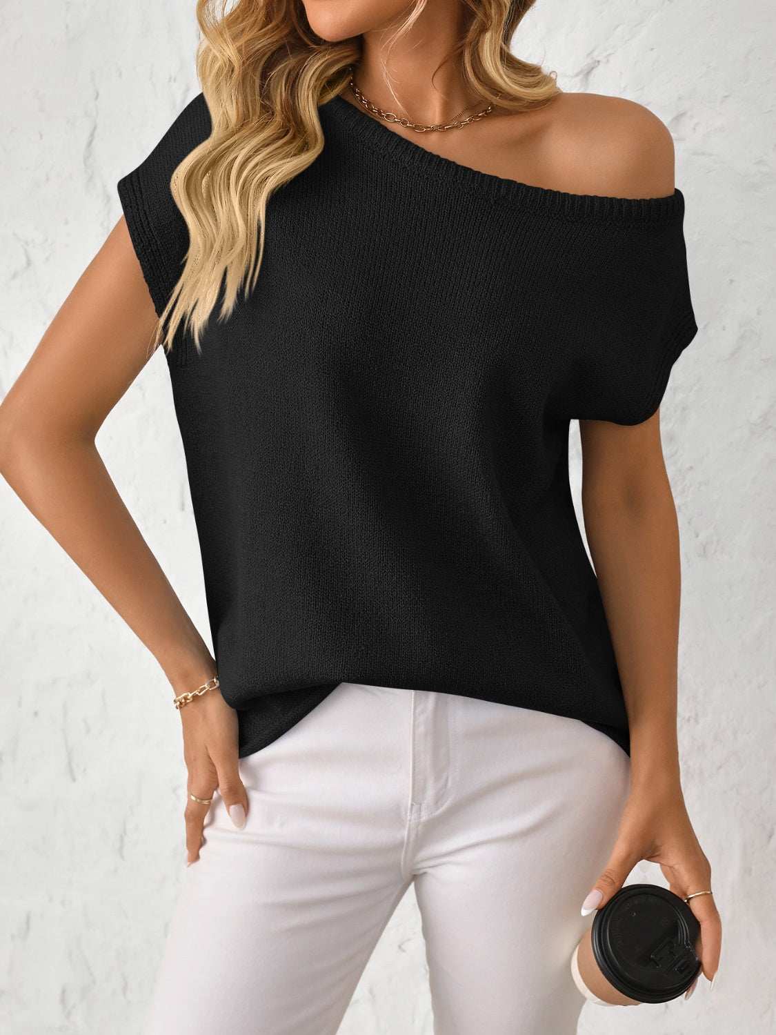 Mandy Boat Neck Short Sleeve Knit Top in black sweater style.