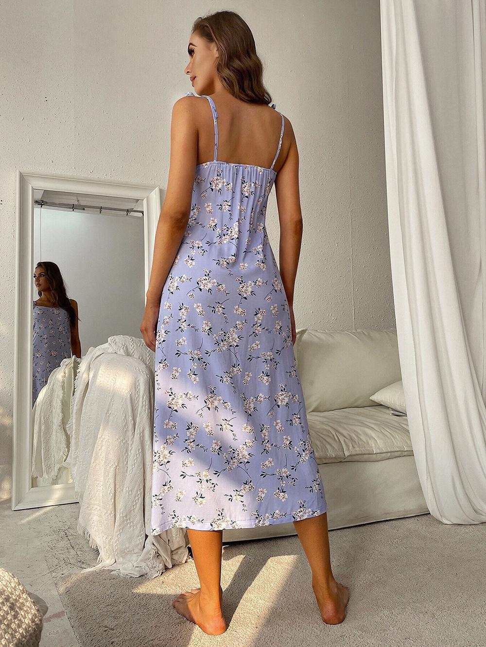 Floral printed tie shoulder midi night dress with scoop neck and sleeveless design.