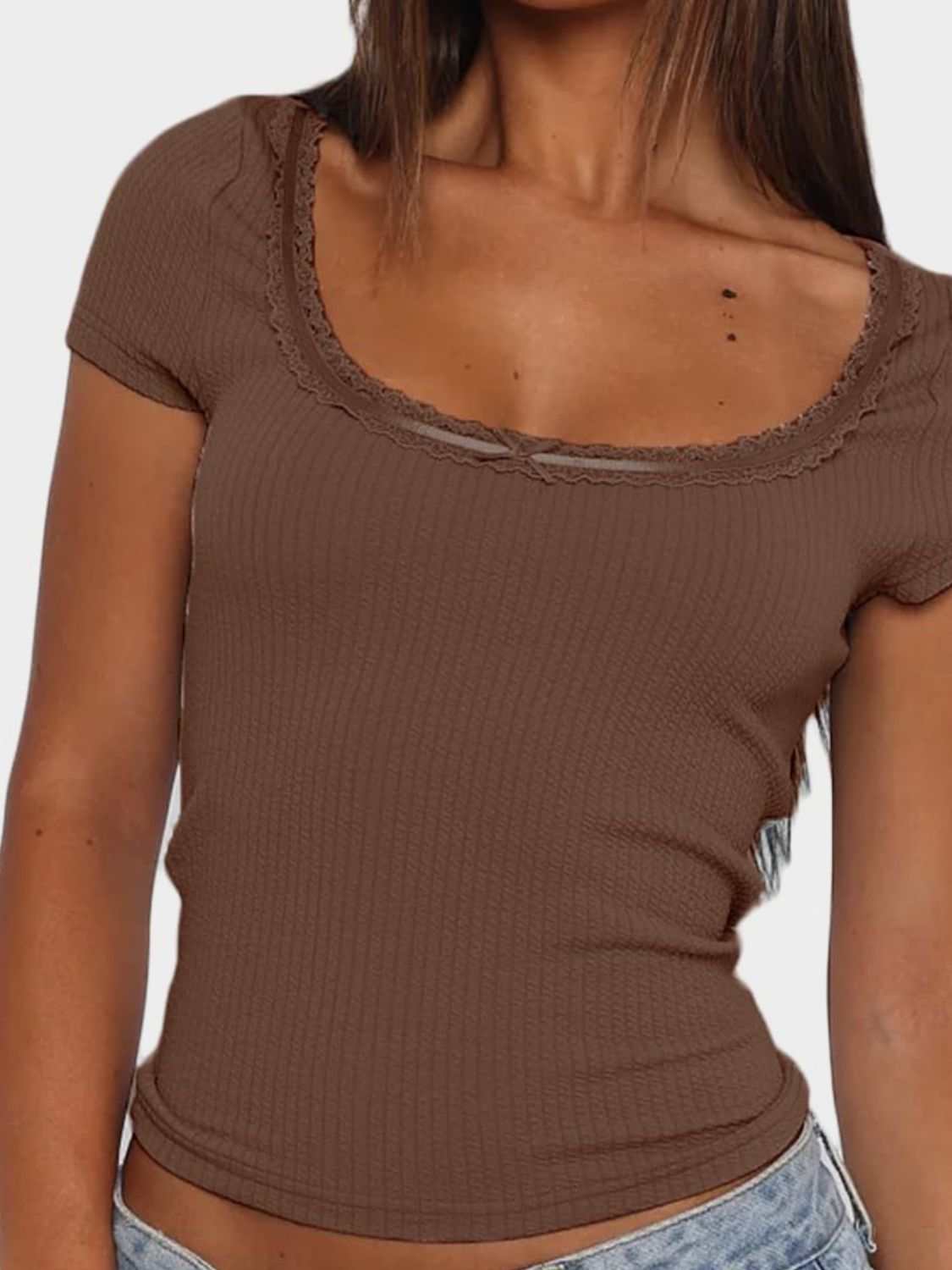 Brown lace detail scoop neck short sleeve T-shirt, moderate stretch.