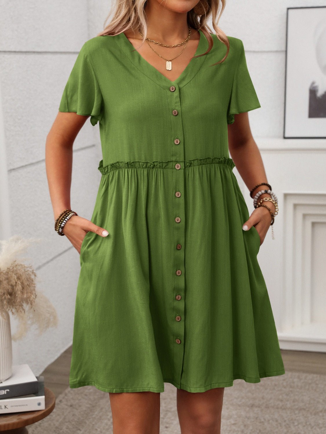 Button Front Flutter Sleeve Dress - Securing Secrets Boutique LLC