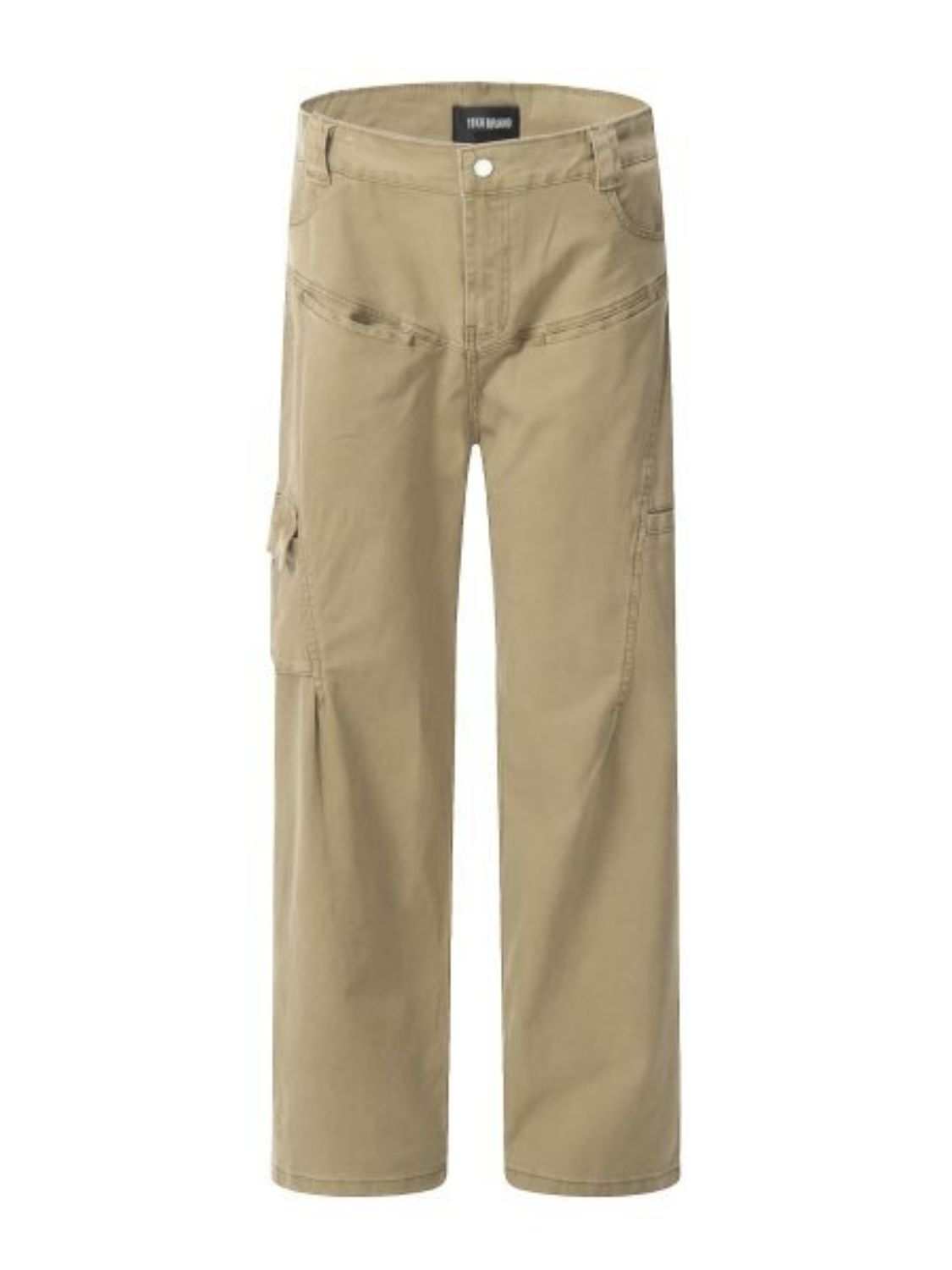 Men's straight leg cargo pants in tan color featuring multiple pockets.