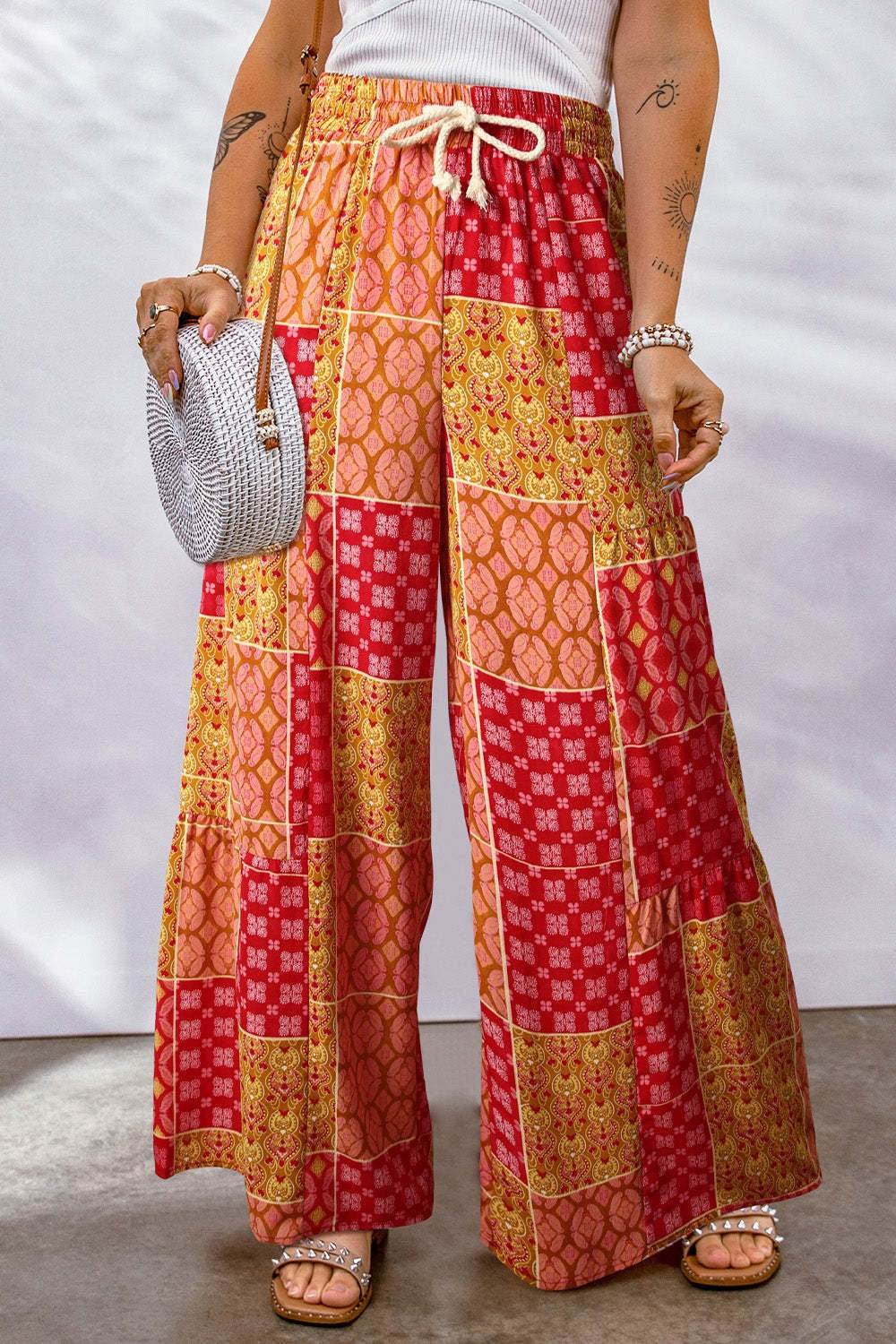Full Size Drawstring Printed Wide Leg Pants with vibrant patchwork design.